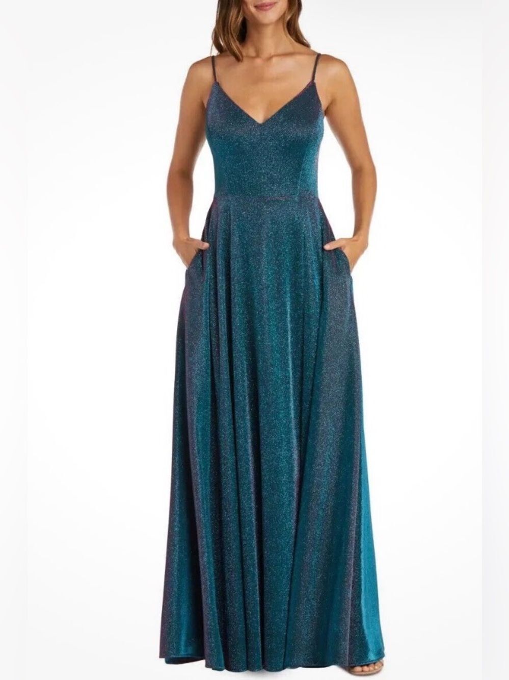 Morgan & Co Sparkling Shimmer Teal & Pink V-Neck Strappy Back Gown Size 11